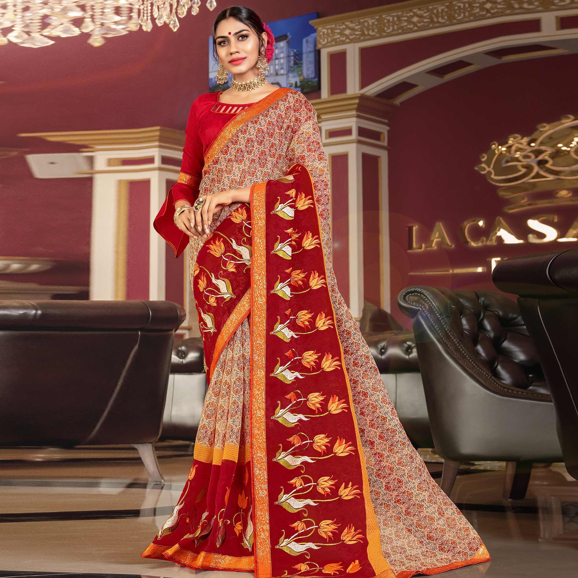 Adorable Beige - Red Colored Partywear Embroidered Silk Saree - Peachmode