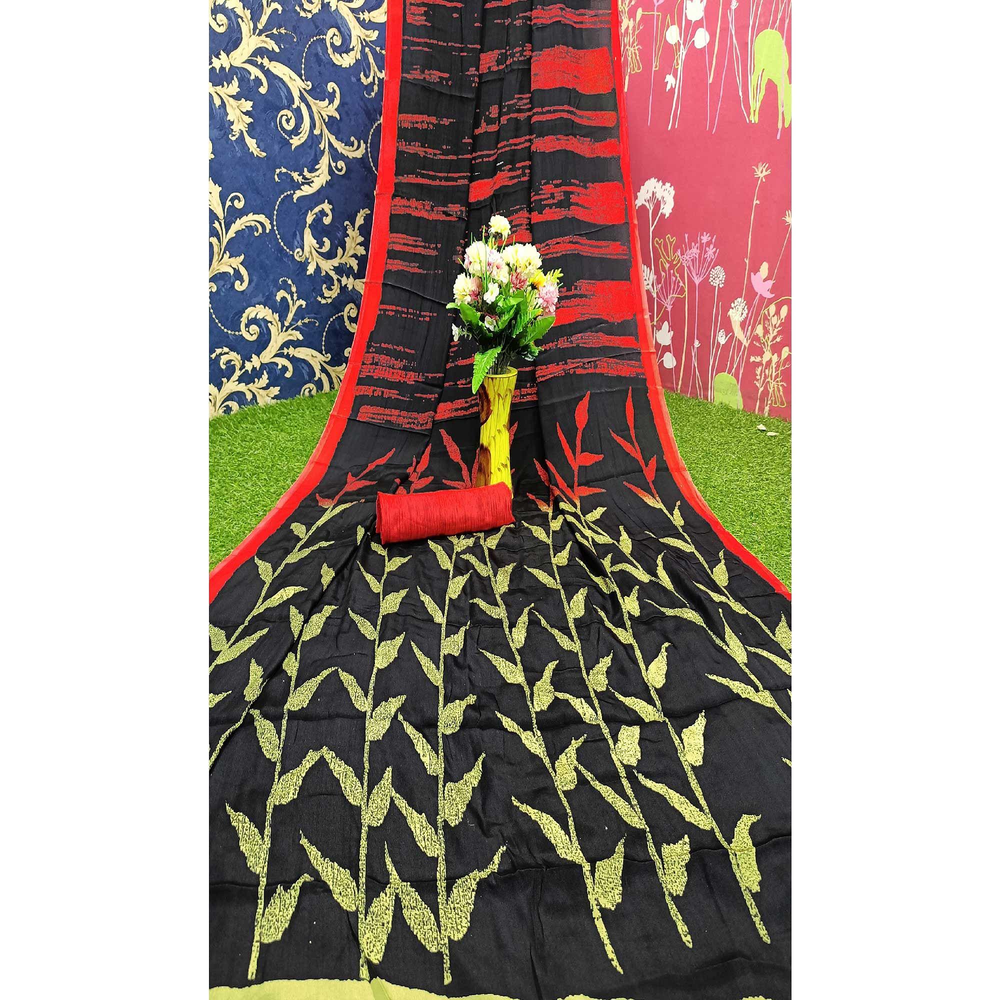 Adorable Black Colored Casual Wear Printed Satin Saree - Peachmode