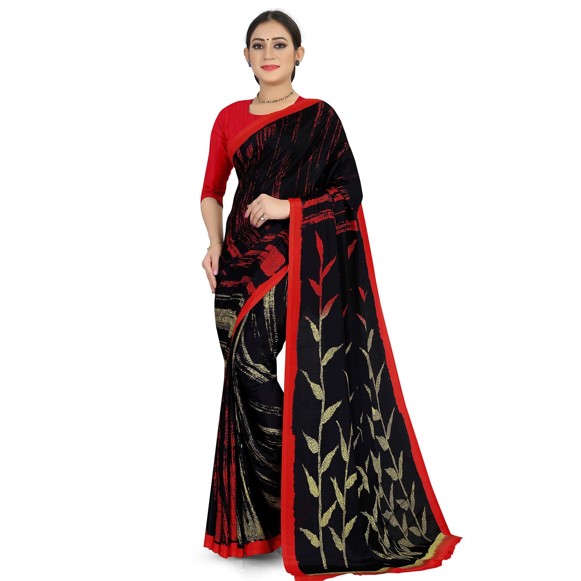 Adorable Black Colored Casual Wear Printed Satin Saree - Peachmode