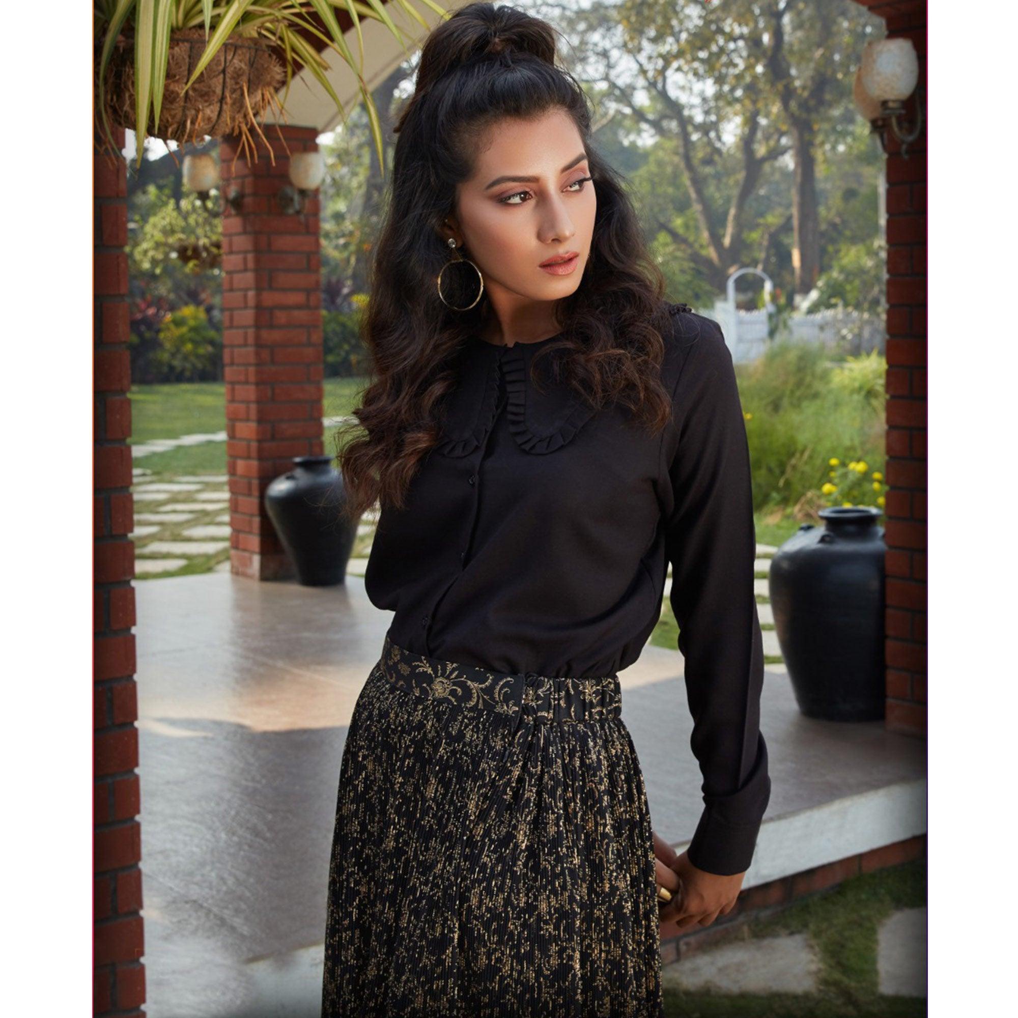 Adorable Black Colored Casual Wear Printed Western Crop Top - Skirt Set - Peachmode