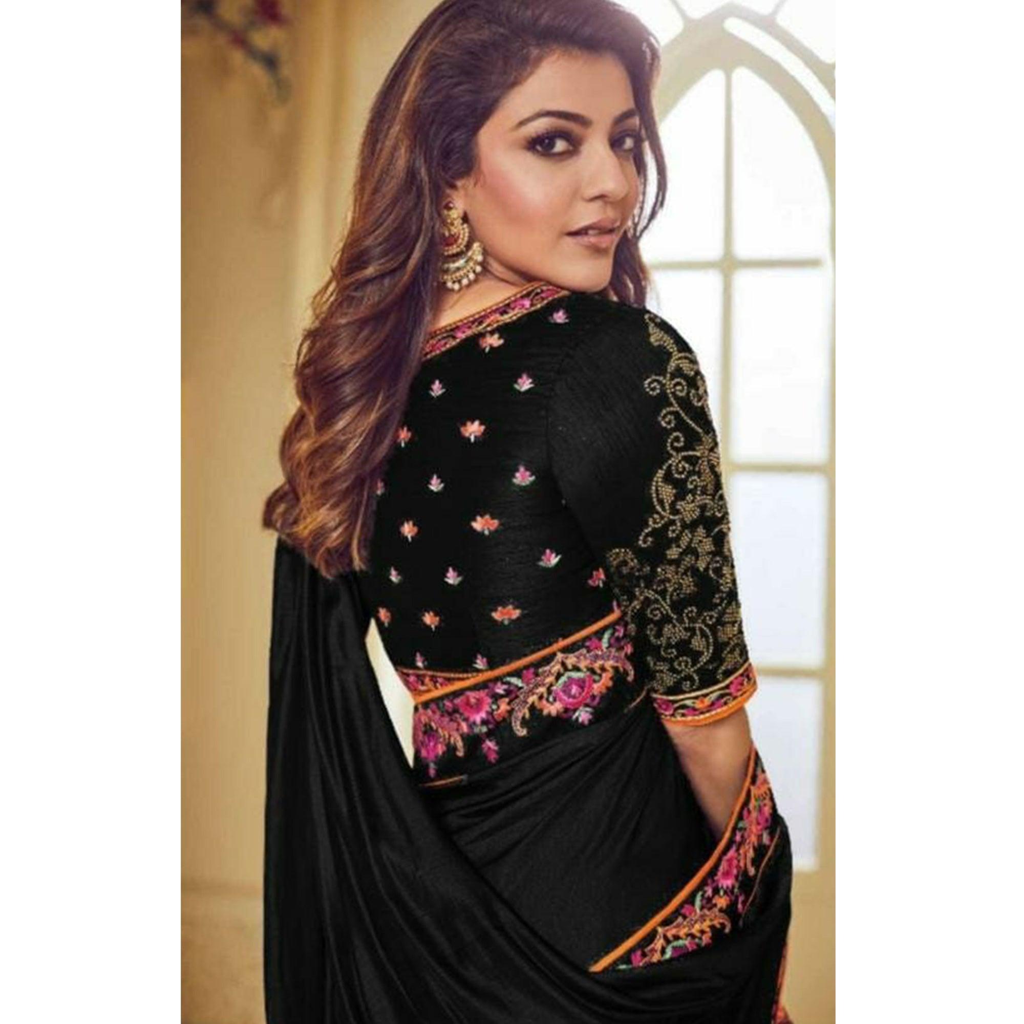 Adorable Black Colored Party Wear Embroidered Art Silk Saree With Tassels - Peachmode