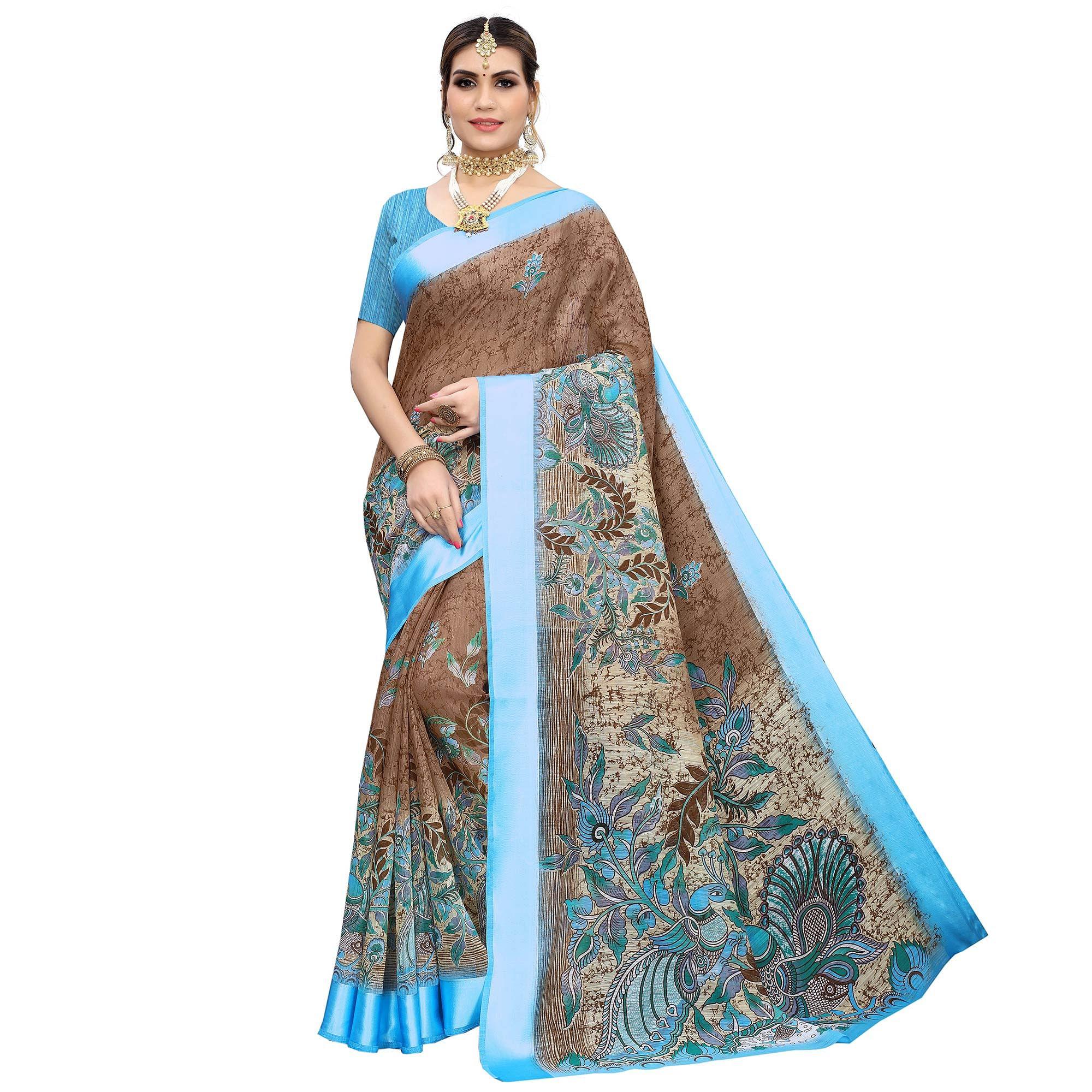 Adorable Brown Colored Casual Wear Printed Linen Saree - Peachmode