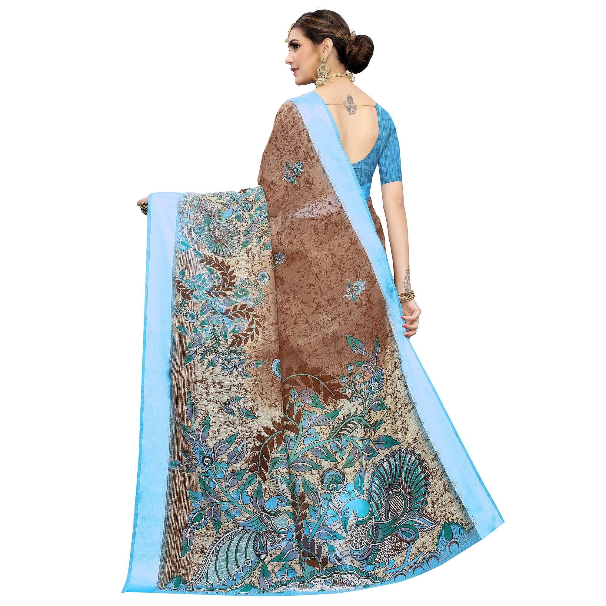 Adorable Brown Colored Casual Wear Printed Linen Saree - Peachmode