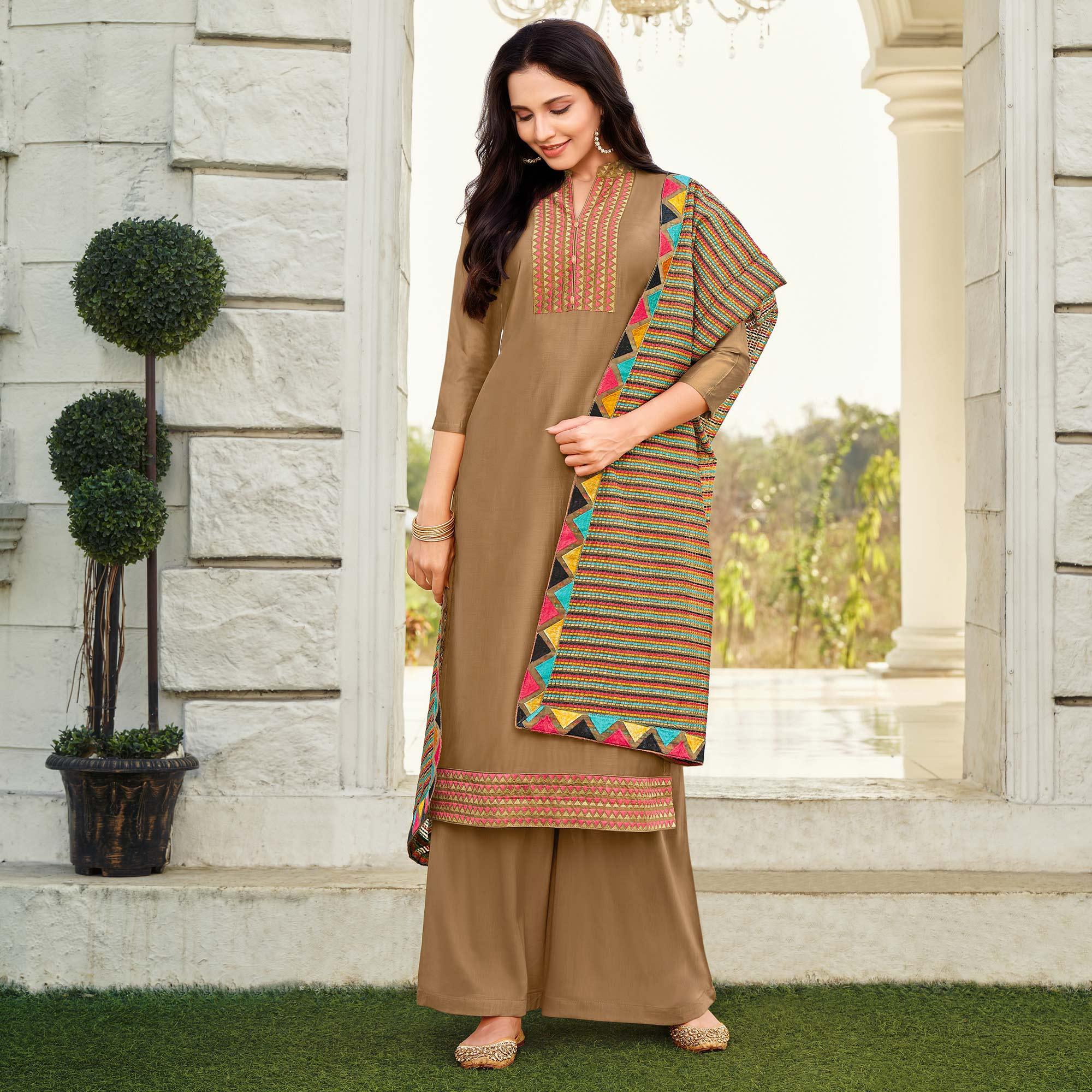 Adorable Brown Colored Festive Wear Embroidered Art Silk Dress Material - Peachmode