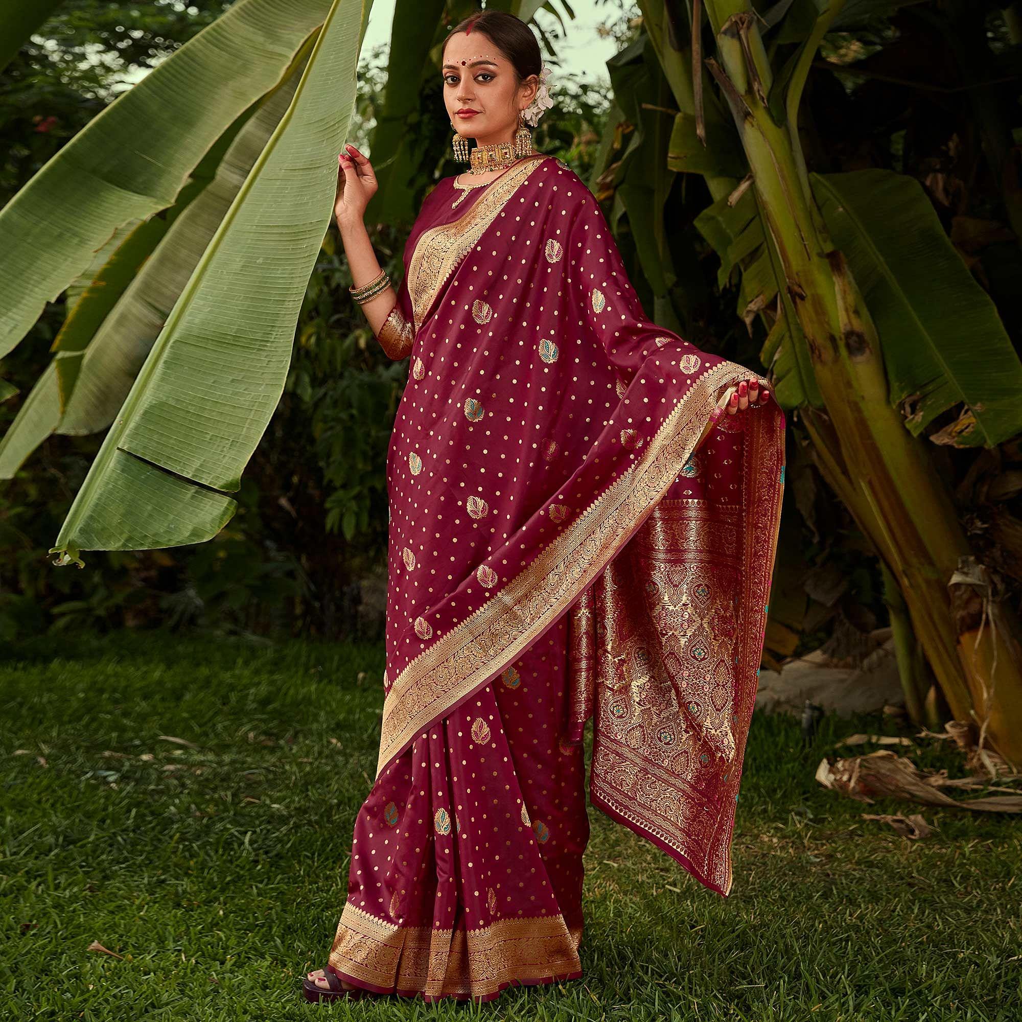 Adorable Burgundy Colored Festive Wear Woven Designer Silk Saree - Peachmode
