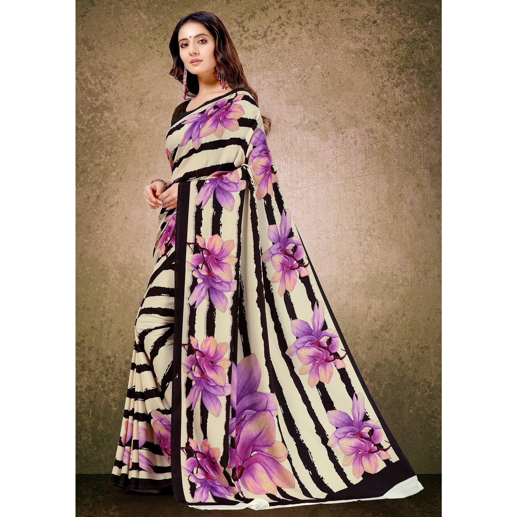 Adorable Cream-Black Floral Digital Print Casual Wear French Crepe Saree - Peachmode