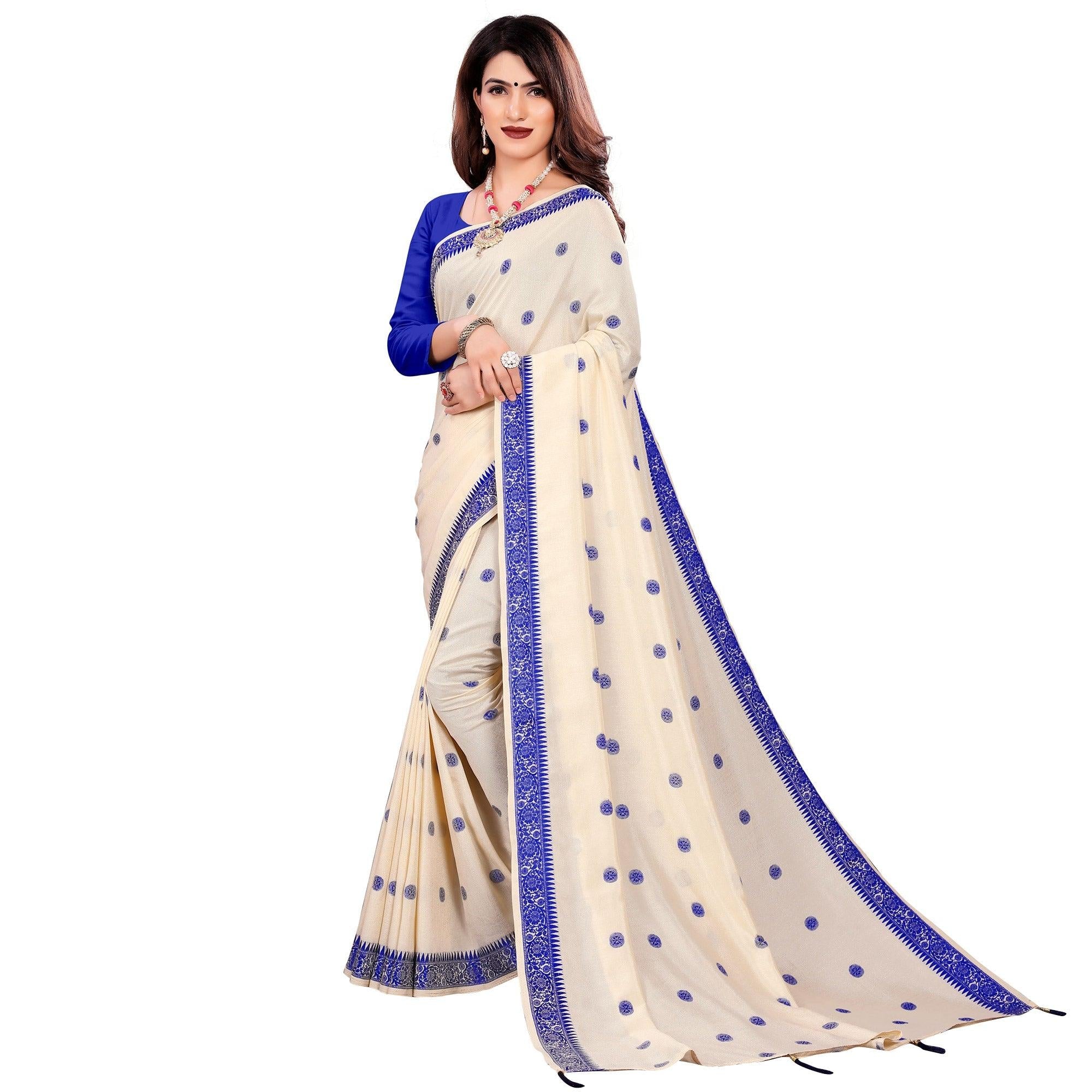 Adorable Cream Colored Casual Wear Embroidered Art Silk Saree With Tassels - Peachmode