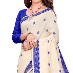 Adorable Cream Colored Casual Wear Embroidered Art Silk Saree With Tassels - Peachmode