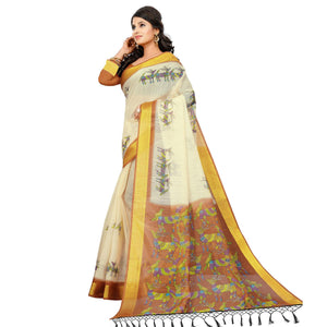 Adorable Cream - Orange Colored Casual Wear Digital Printed Cotton Saree - Peachmode
