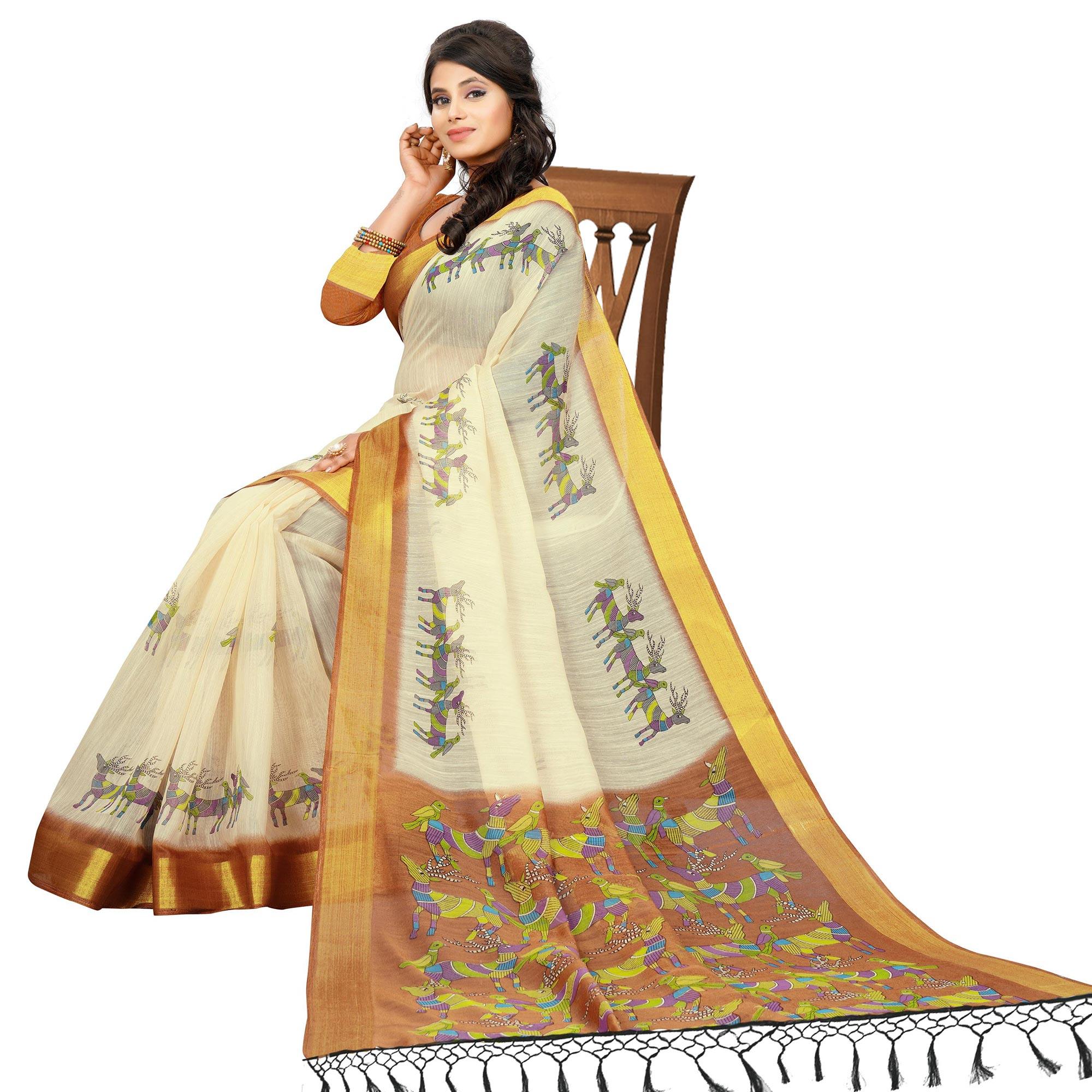 Adorable Cream - Orange Colored Casual Wear Digital Printed Cotton Saree - Peachmode