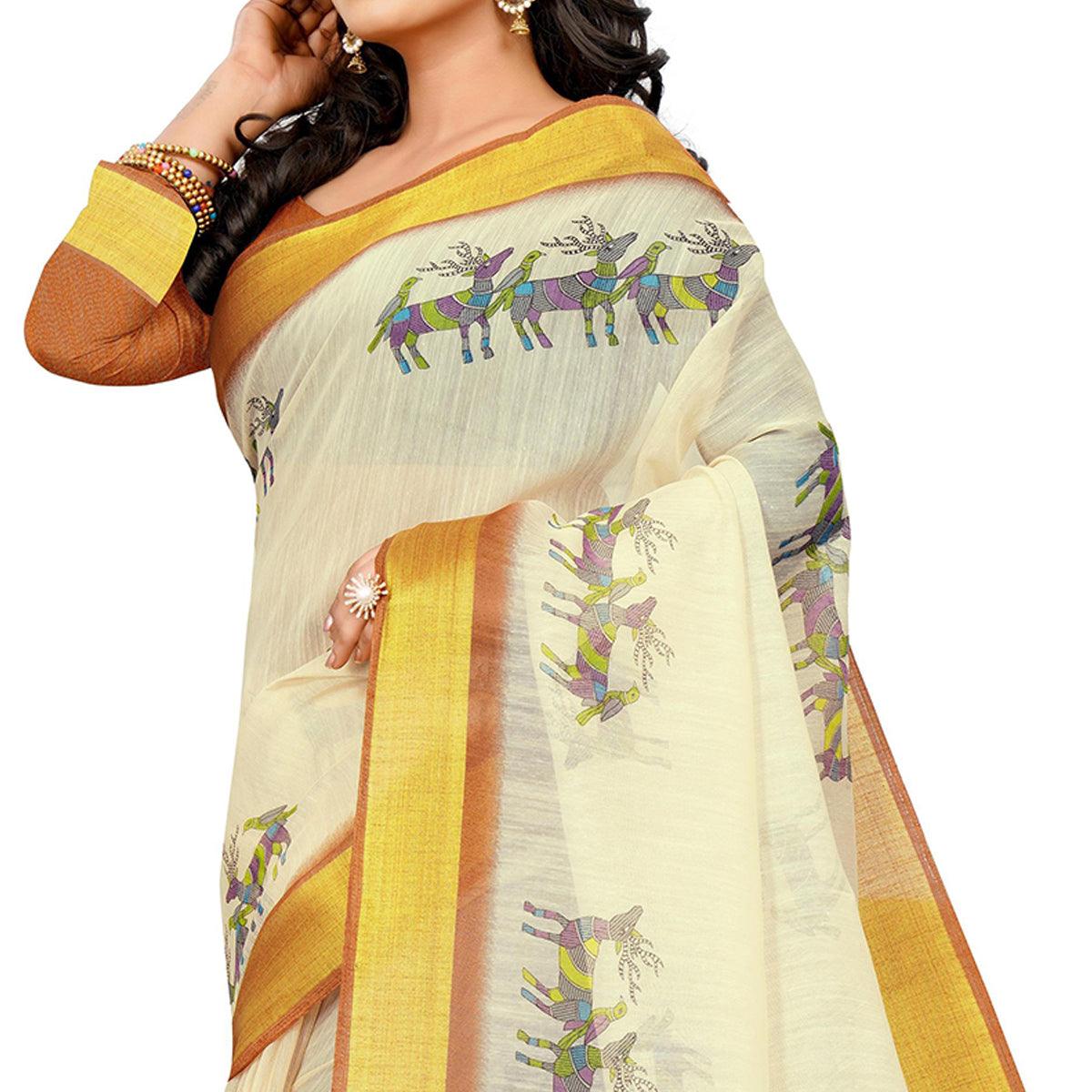 Adorable Cream - Orange Colored Casual Wear Digital Printed Cotton Saree - Peachmode