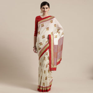 Adorable Cream-Red Colored Festive Wear Geometric Foil Print Patola Silk Saree - Peachmode