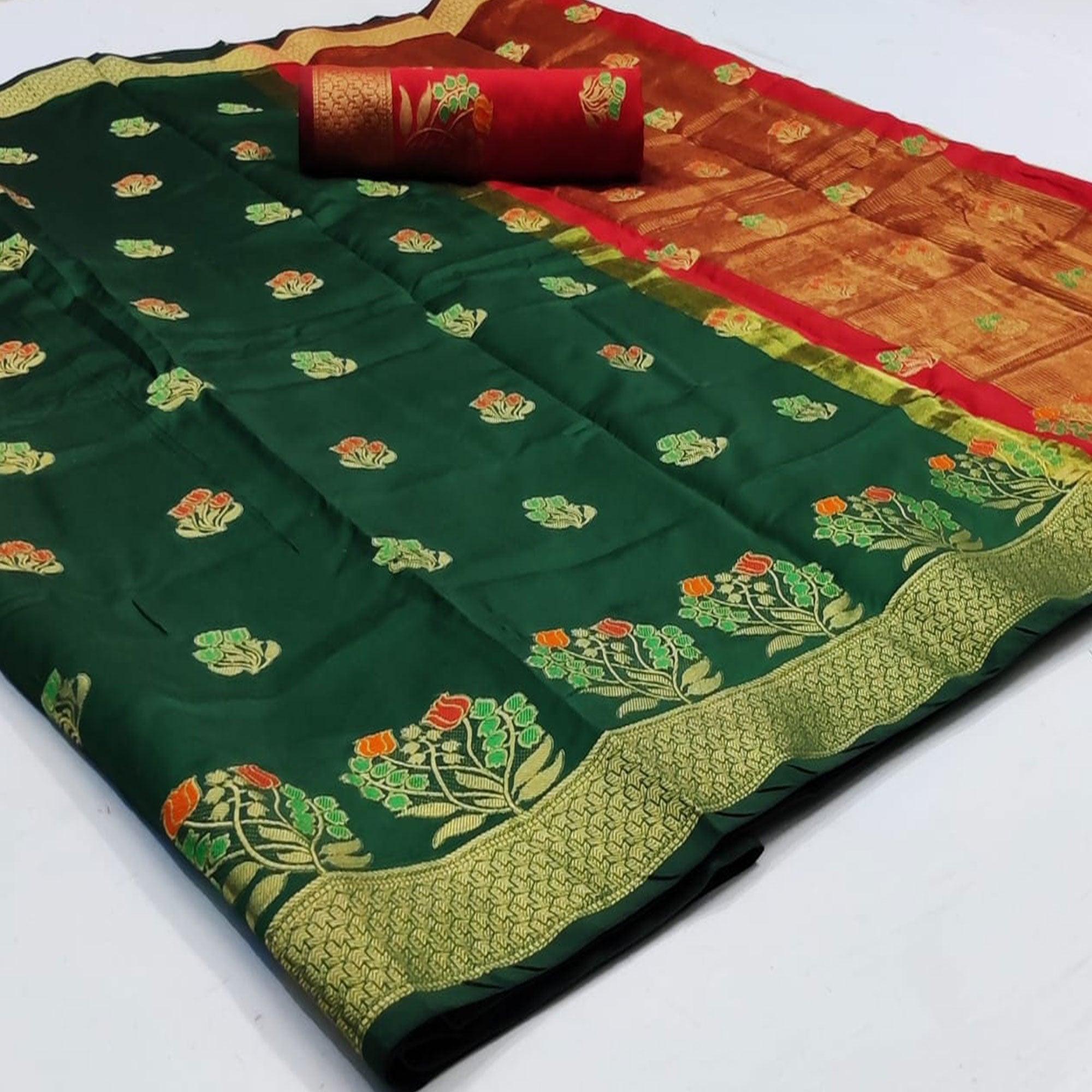 Adorable Dark Green Colored Festive Wear Woven Soft Silk Saree - Peachmode
