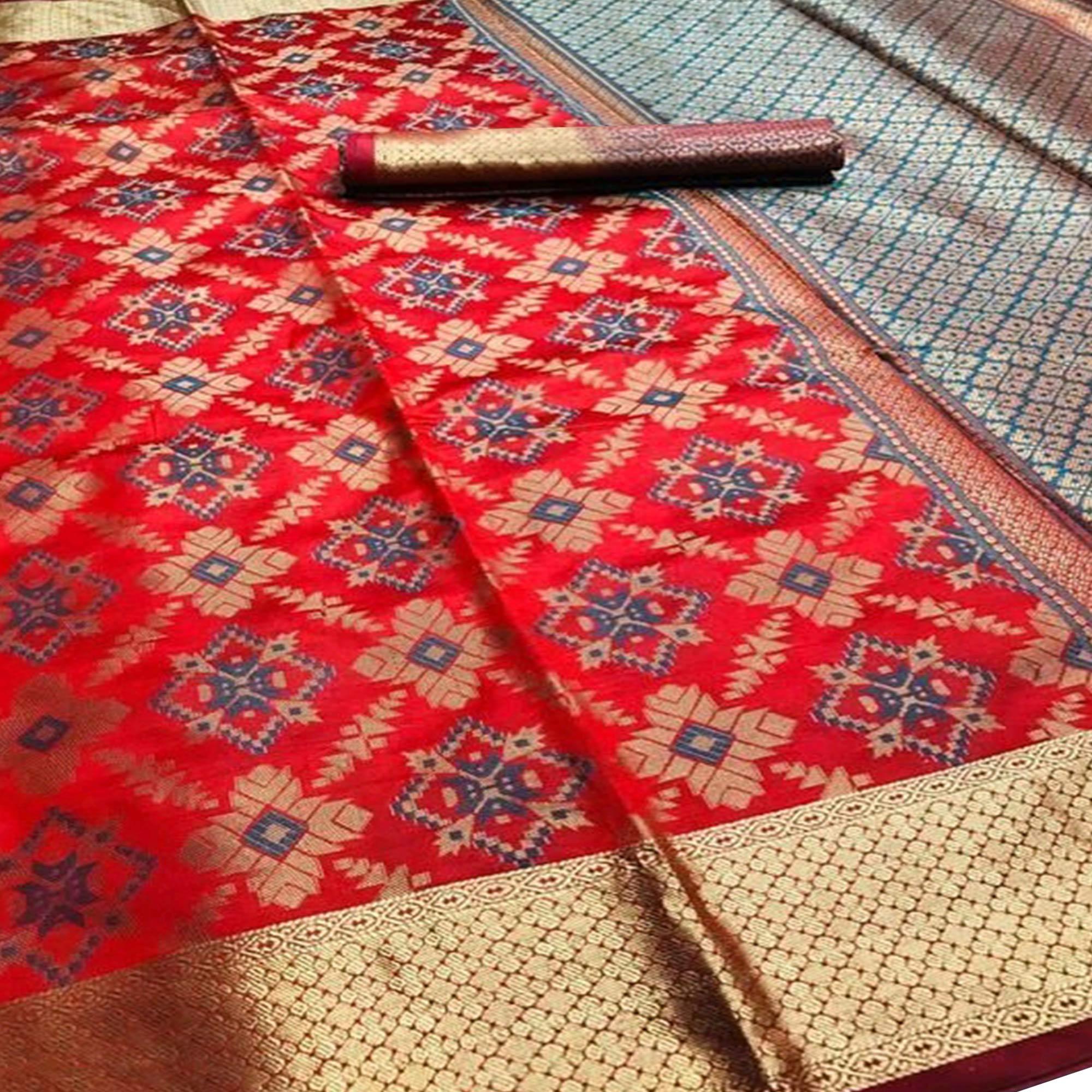 Adorable Dark Orange Colored Festive Wear Woven Silk Saree - Peachmode