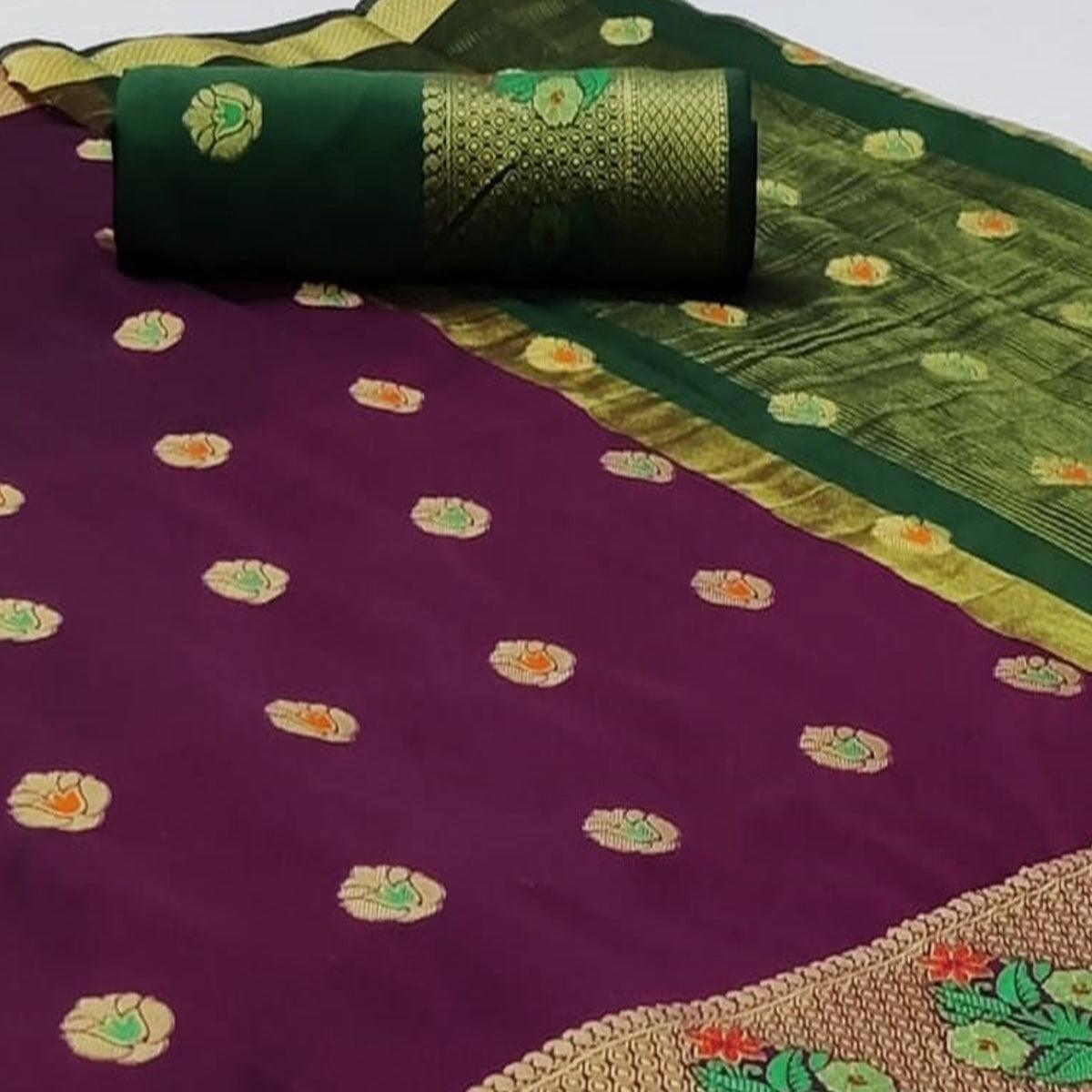 Adorable Dark Purple Colored Festive Wear Woven Soft Silk Saree - Peachmode
