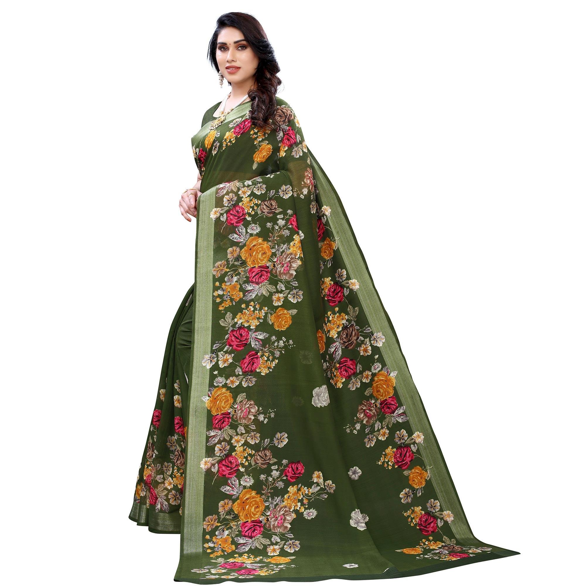 Adorable Green Colored Casual Wear Floral Printed Linen Saree - Peachmode