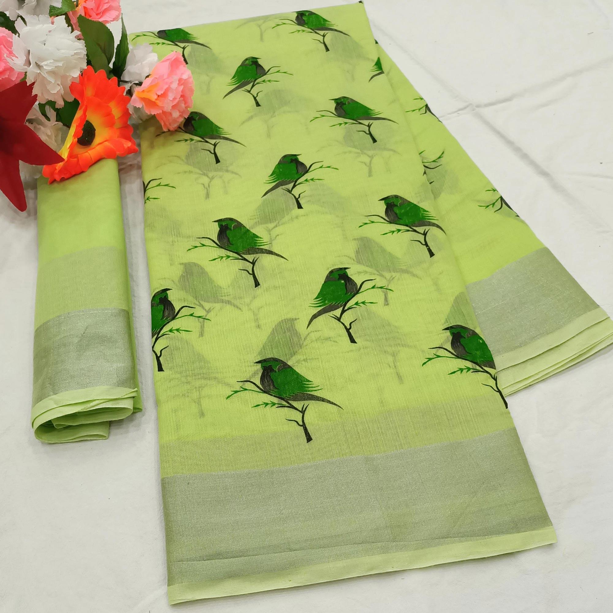 Adorable Green Colored Casual Wear Sparrow Block Printed Cotton Linen Saree - Peachmode