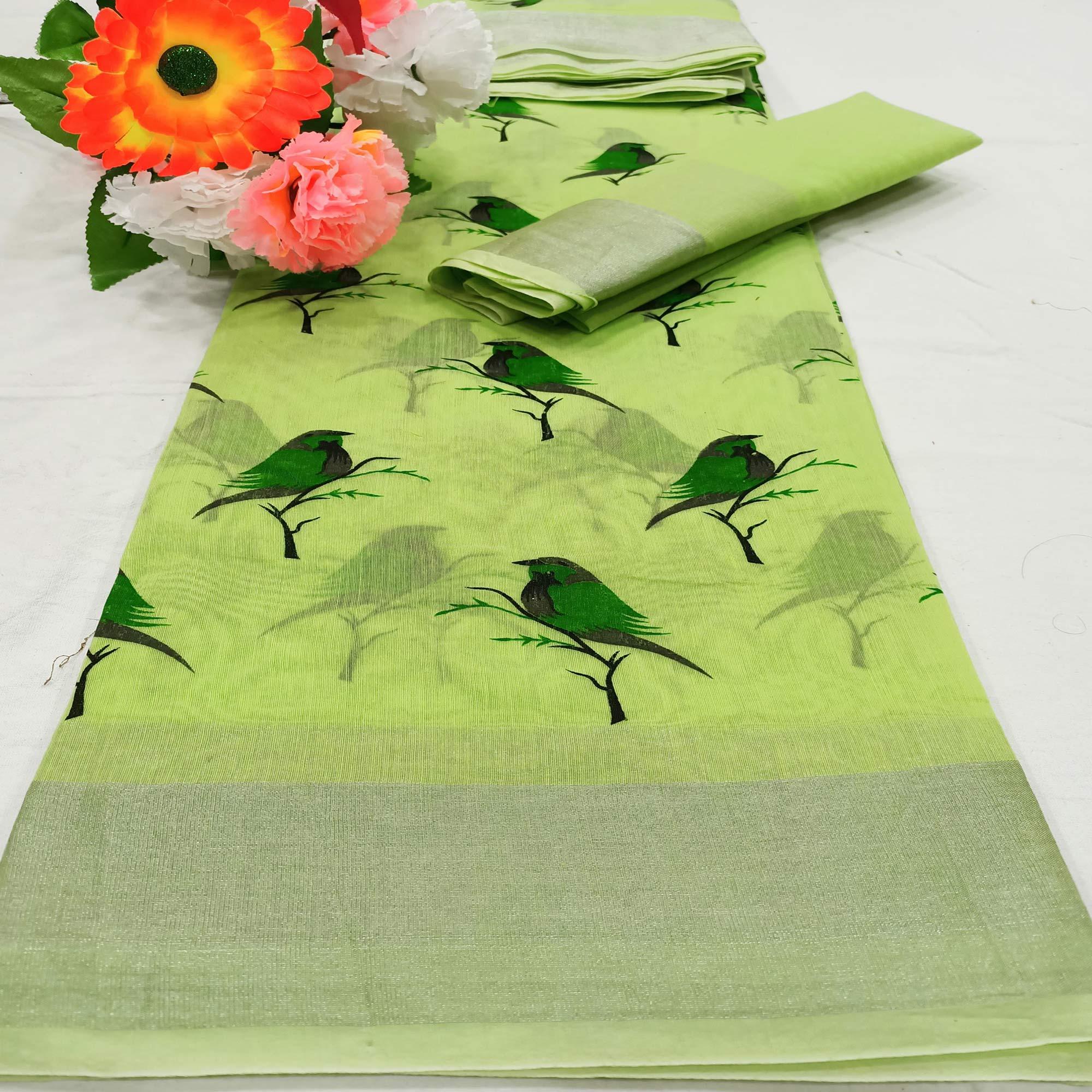 Adorable Green Colored Casual Wear Sparrow Block Printed Cotton Linen Saree - Peachmode