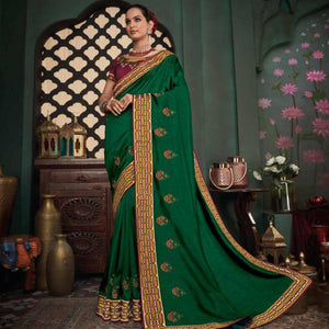 Adorable Green Colored Festive Wear Embroidered Heavy Border Silk Saree - Peachmode