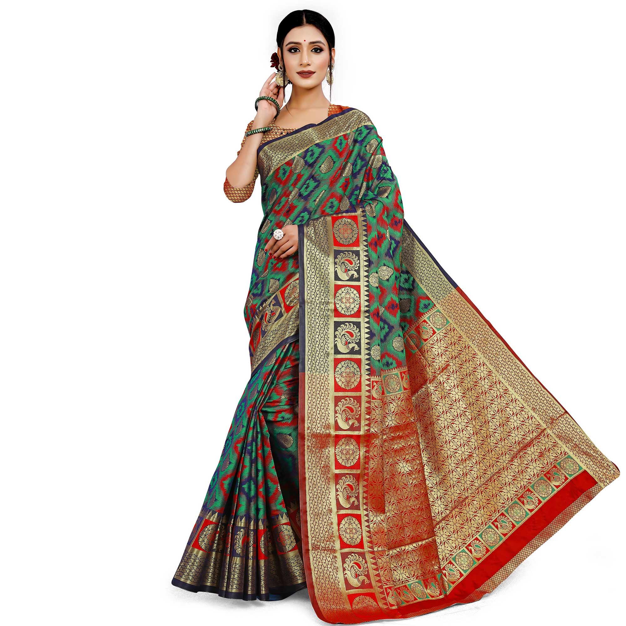 Adorable Green Colored Festive Wear Woven Cotton Silk Saree - Peachmode