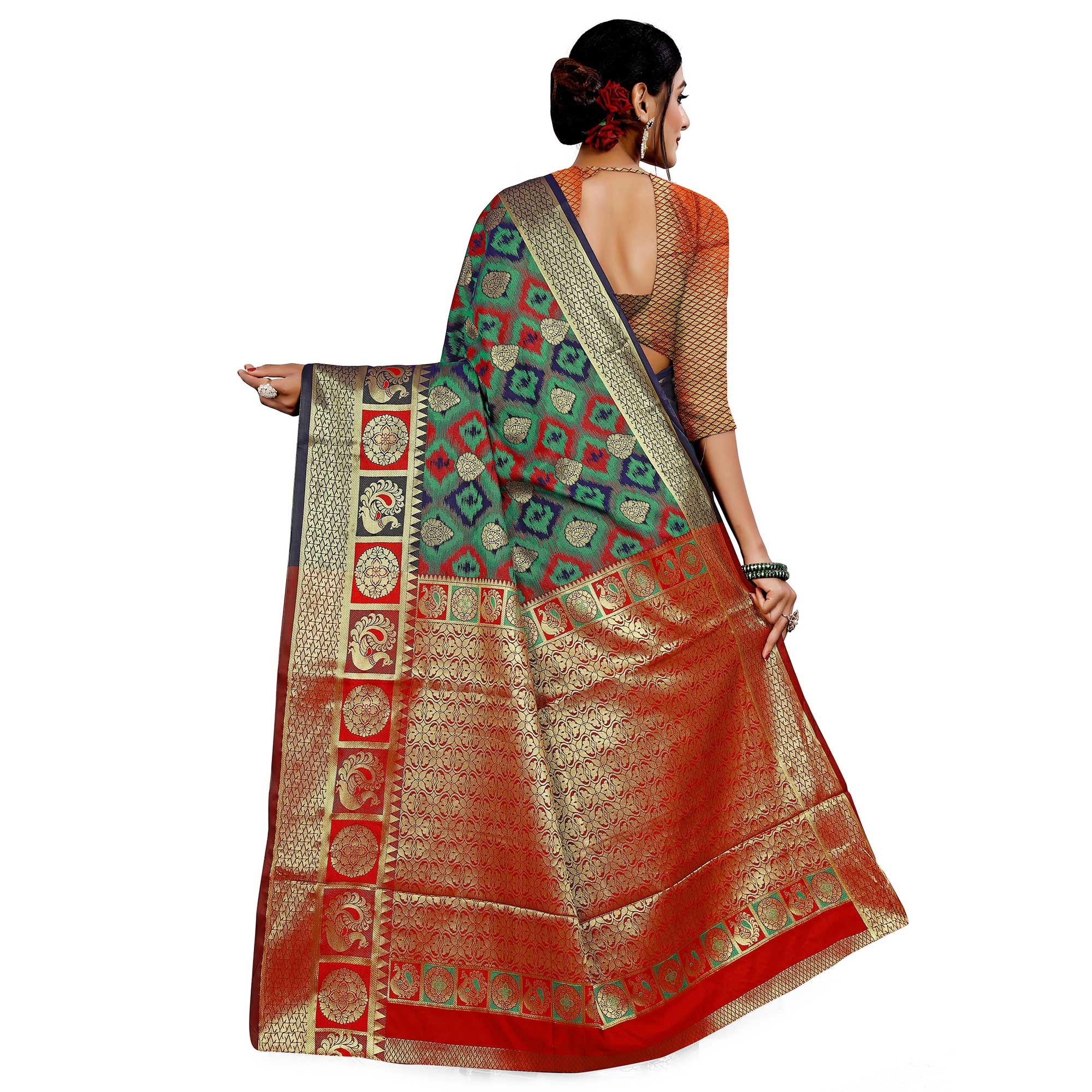 Adorable Green Colored Festive Wear Woven Cotton Silk Saree - Peachmode