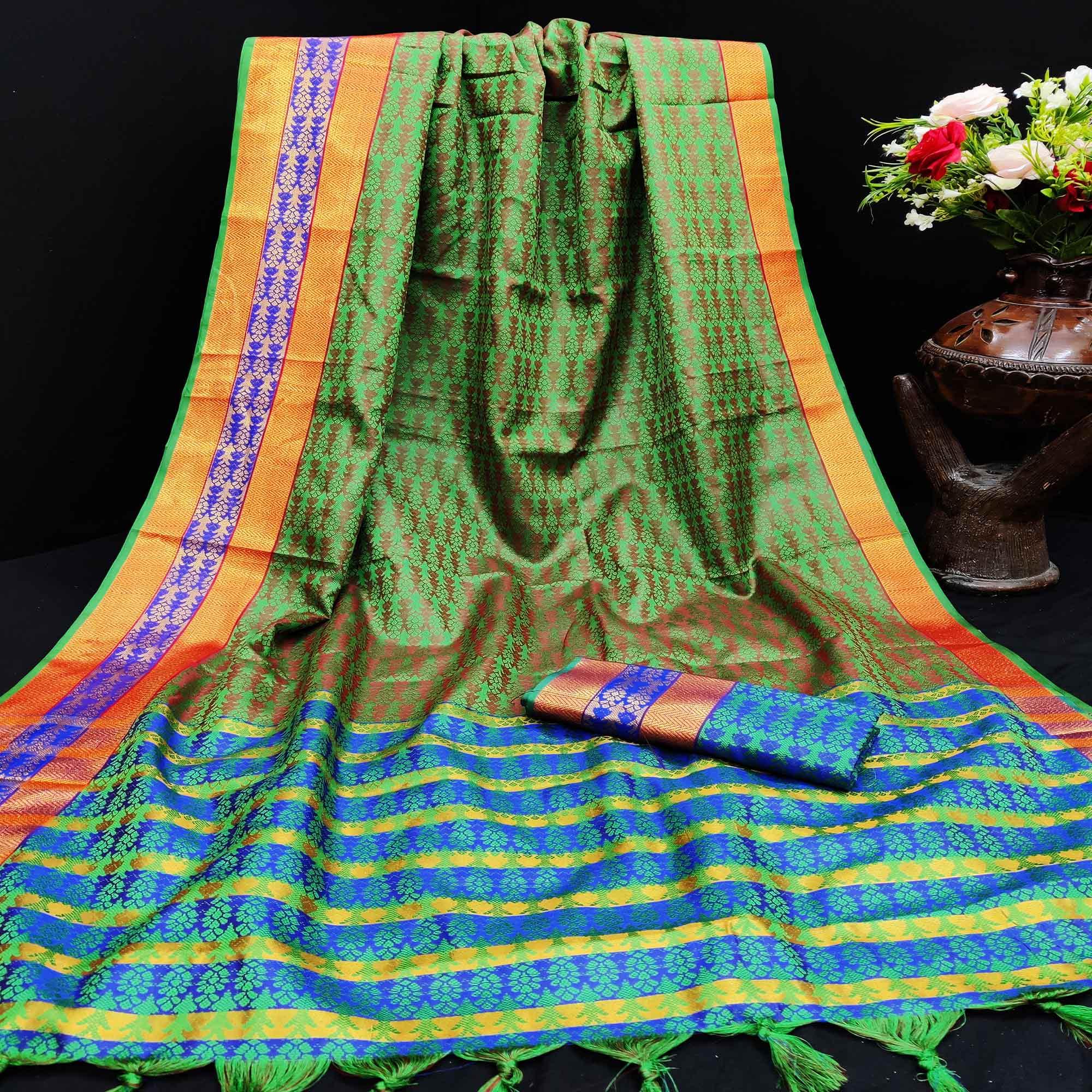 Adorable Green Colored Festive Wear Woven Jacqaurd Silk Saree - Peachmode