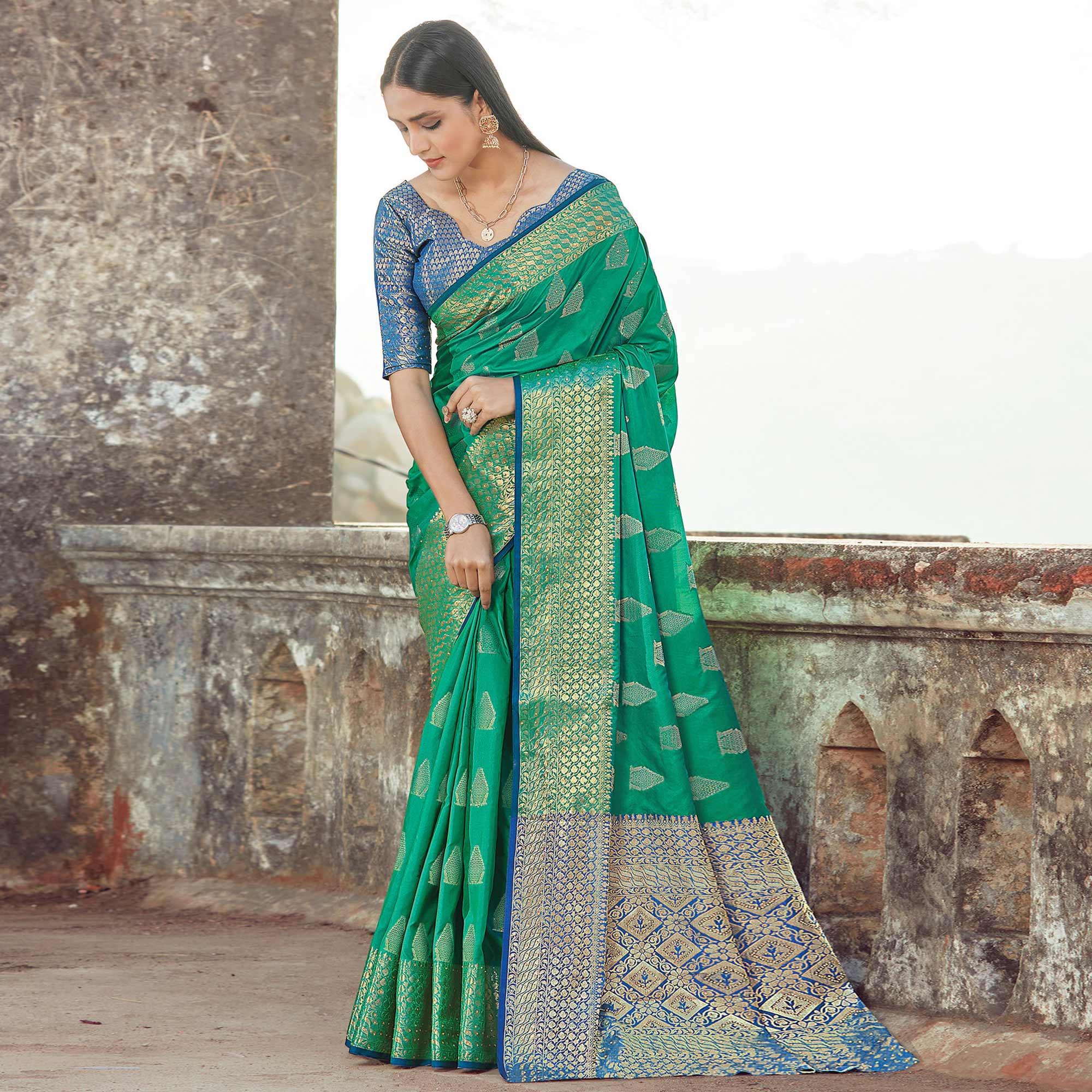 Adorable Green Colored Festive Wear Woven Silk Saree - Peachmode