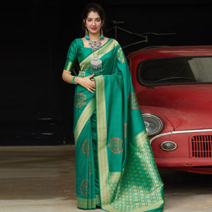 Adorable Green Colored Festive Wear Woven Soft Silk Saree - Peachmode