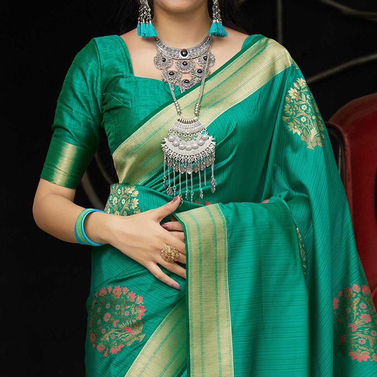 Adorable Green Colored Festive Wear Woven Soft Silk Saree - Peachmode