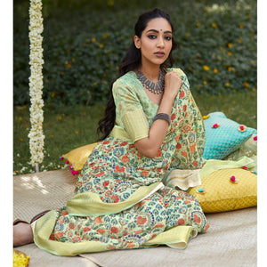 Adorable Green Colored Party Wear Digital Printed Linen Saree - Peachmode