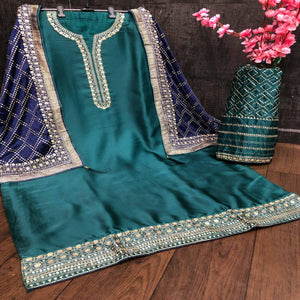Adorable Green Colored Partywear Embroidered Satin Georgette Palazzo Suit - Peachmode