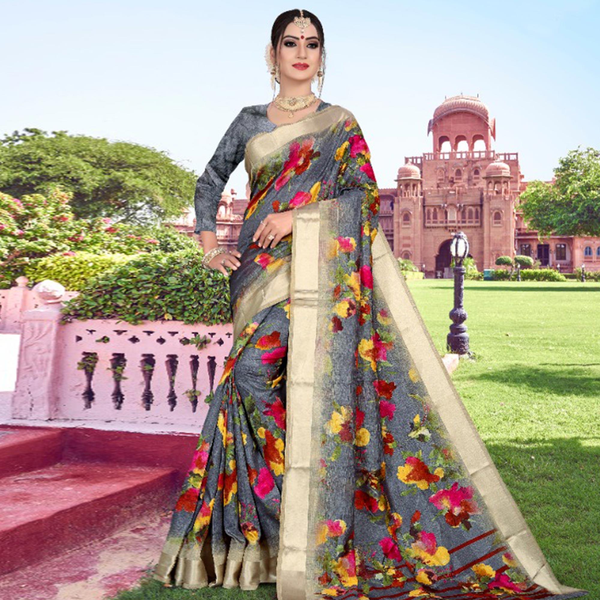 Adorable Grey Colored Casual Printed Cotton Saree - Peachmode