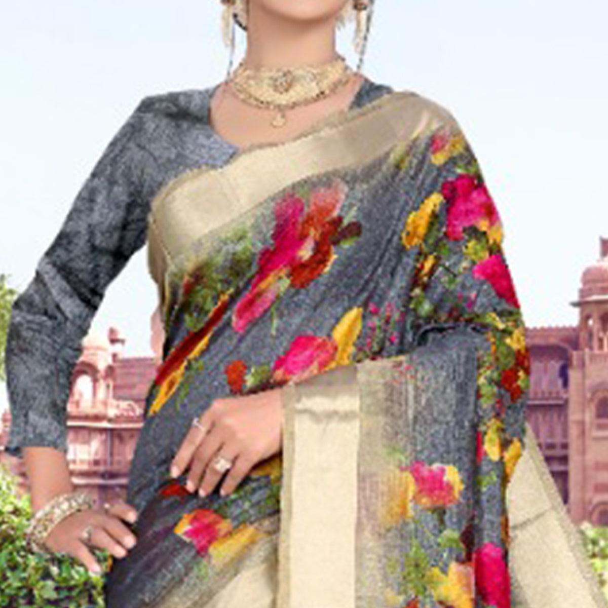 Adorable Grey Colored Casual Printed Cotton Saree - Peachmode
