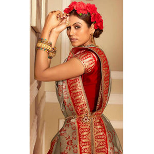 Adorable Grey Colored Festive Wear Woven Banarasi Silk Saree - Peachmode