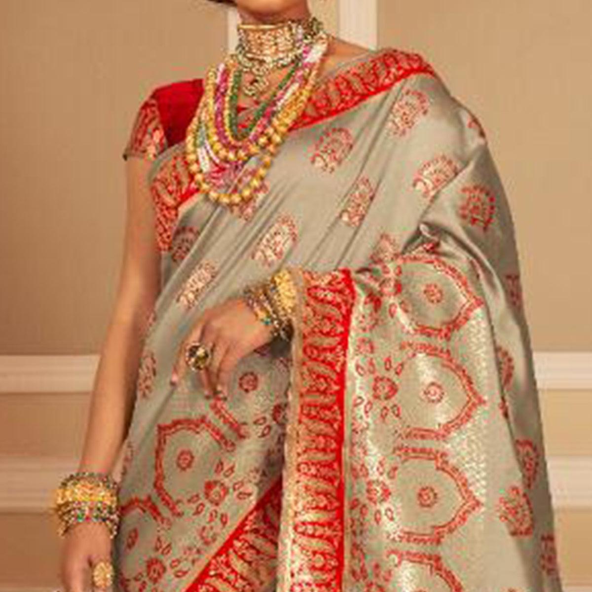 Adorable Grey Colored Festive Wear Woven Banarasi Silk Saree - Peachmode