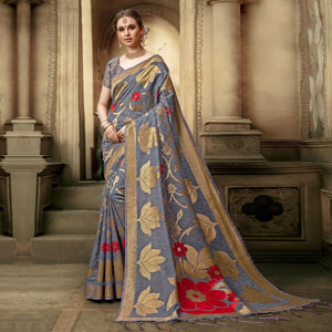 Adorable Grey Colored Festive Wear Woven Cotton Silk Saree - Peachmode