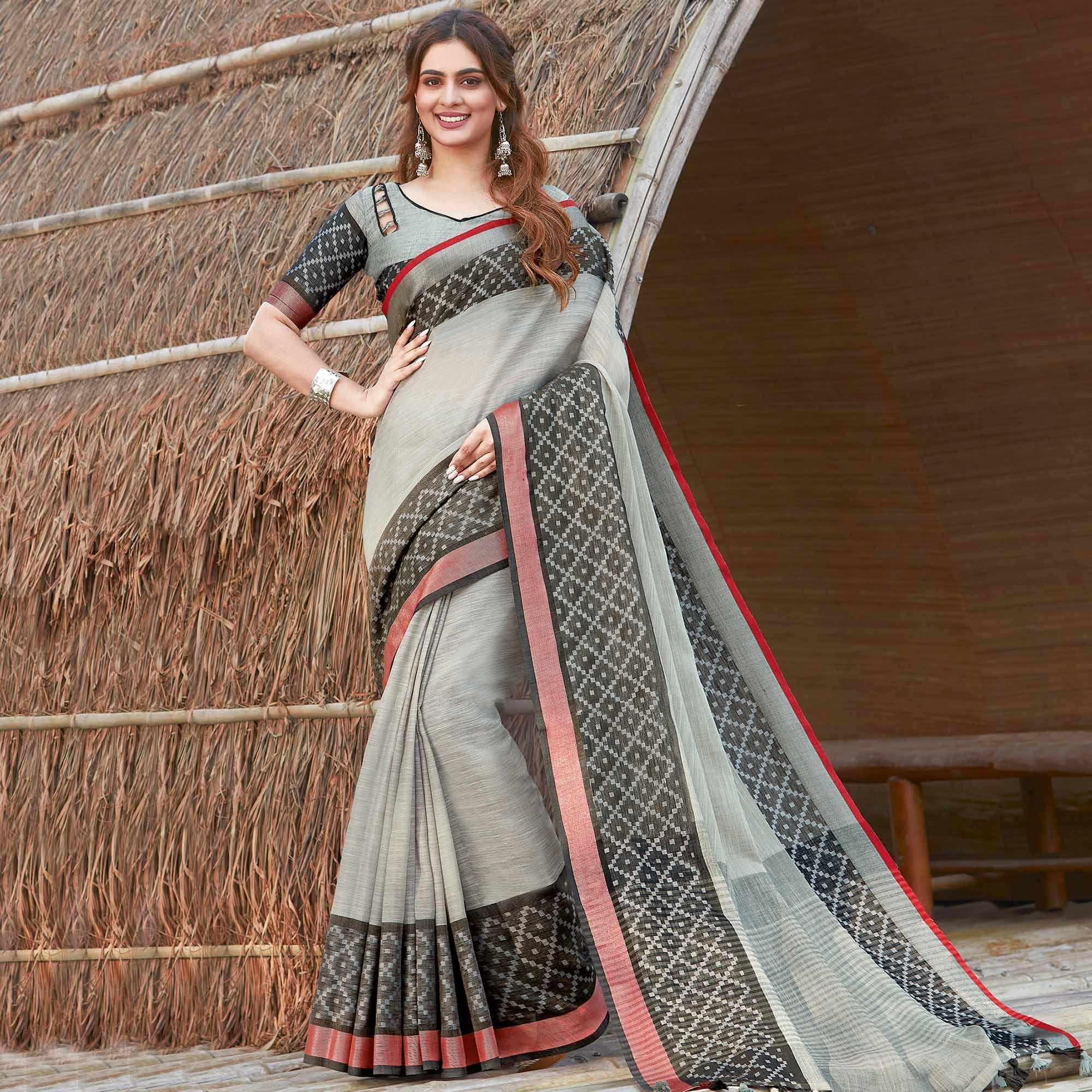 Adorable Grey Colored Festive Wear Woven Linen Saree - Peachmode
