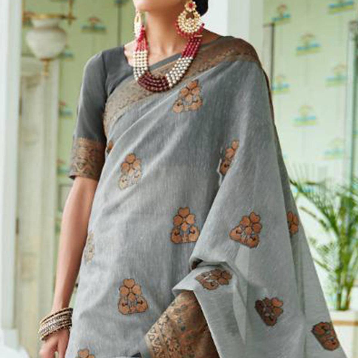 Adorable Grey Colored Festive Wear Woven Linen Saree - Peachmode