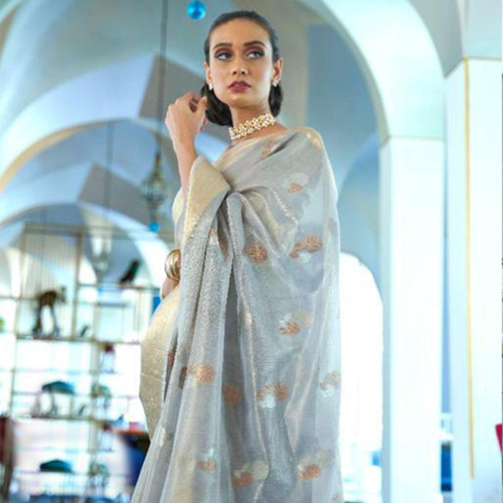 Adorable Grey Coloured Partywear Organza weaving Saree - Peachmode
