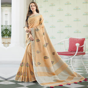 Adorable Light Peach Colored Casual Wear Floral Embroidered Linen-Cotton Saree With Tassels - Peachmode