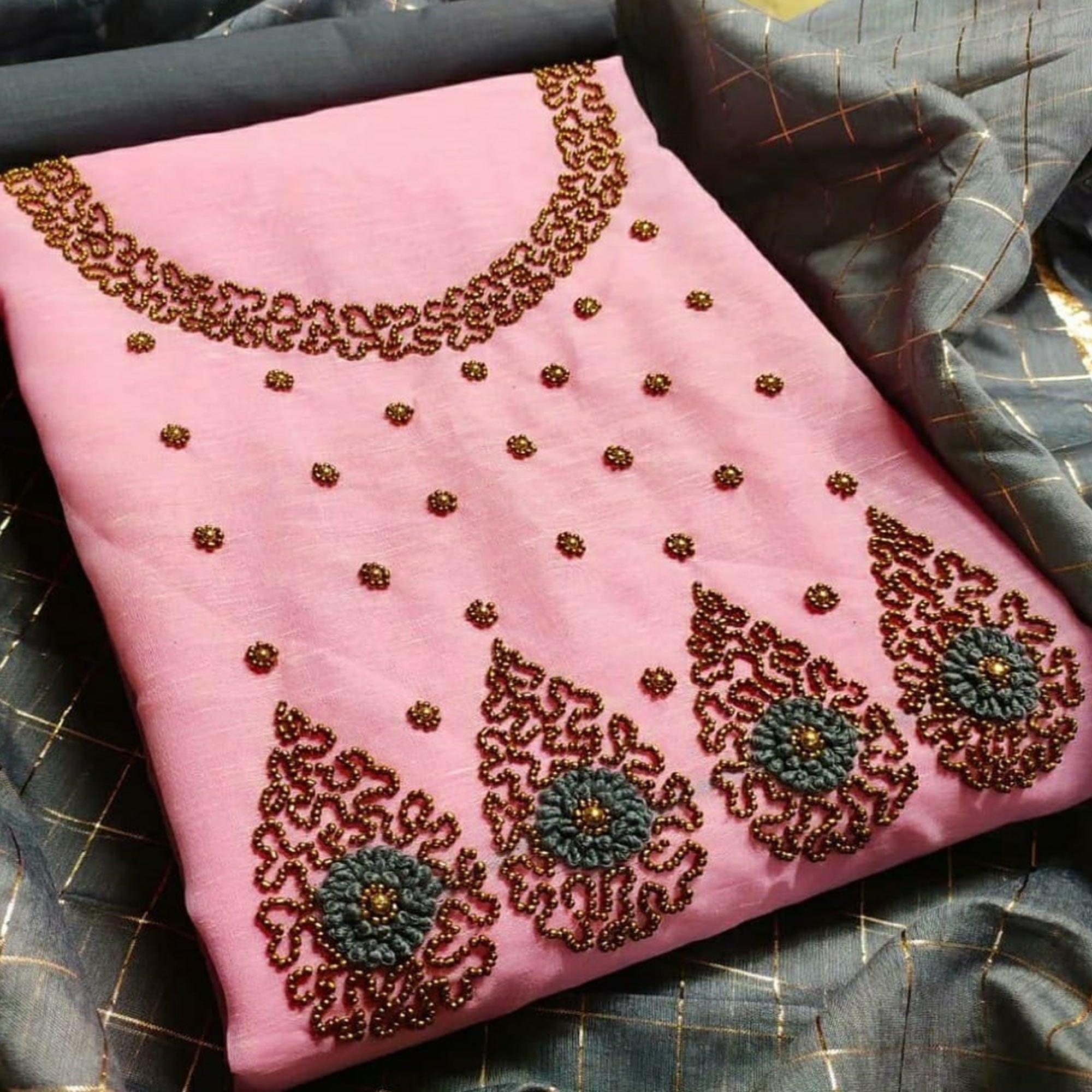 Adorable Light Pink Colored Festive Wear Embroidered Chanderi Dress Material - Peachmode