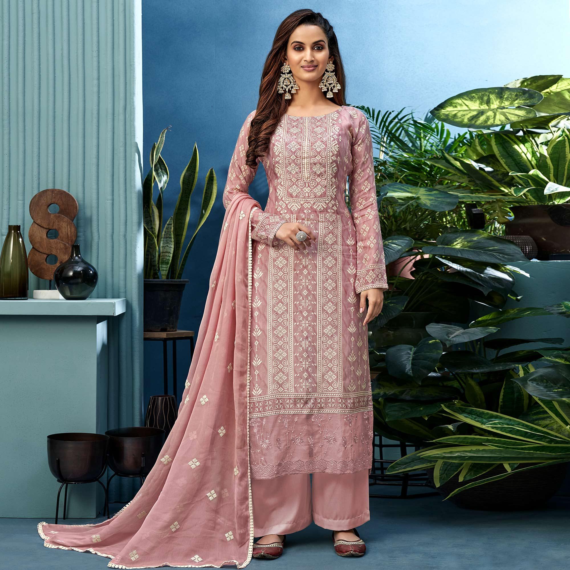 Adorable Light Pink Colored Partywear Digital Printed Pure Muslin Palazzo Suit - Peachmode