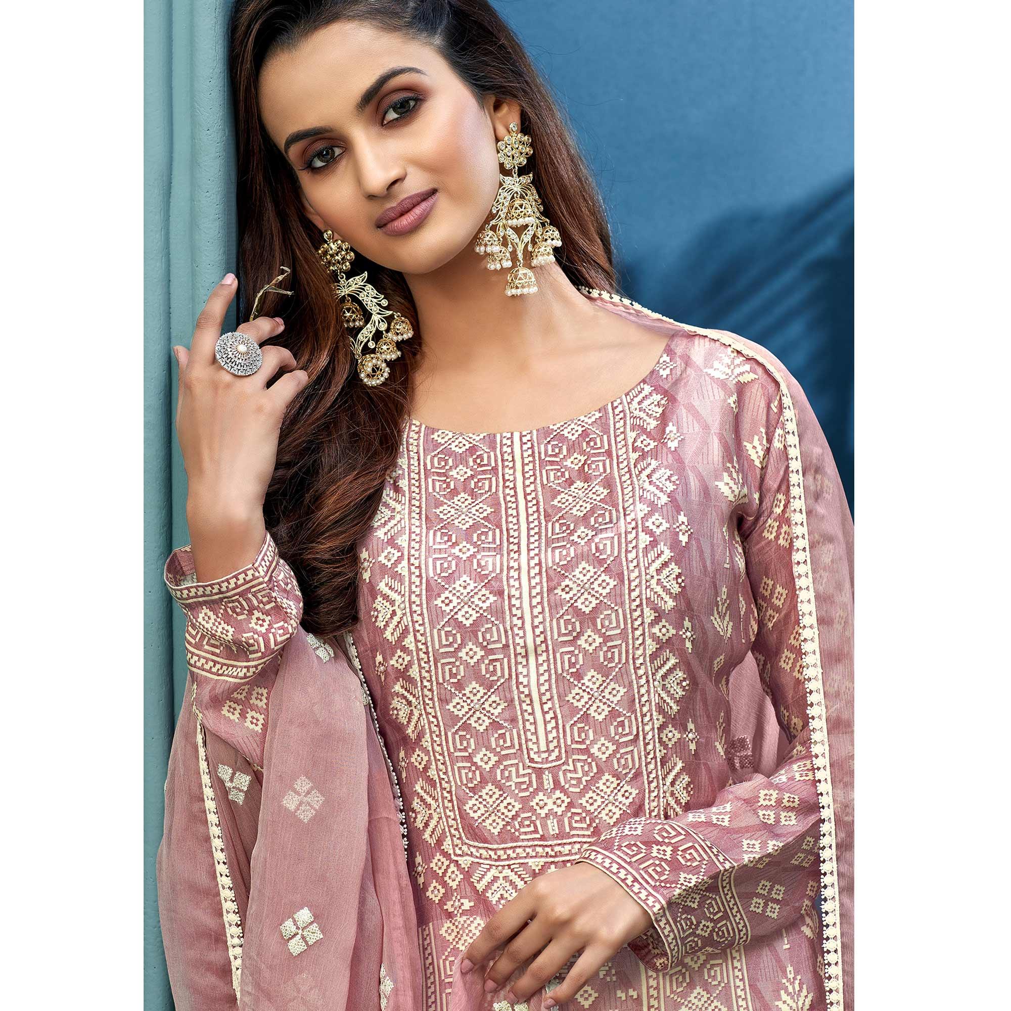 Adorable Light Pink Colored Partywear Digital Printed Pure Muslin Palazzo Suit - Peachmode
