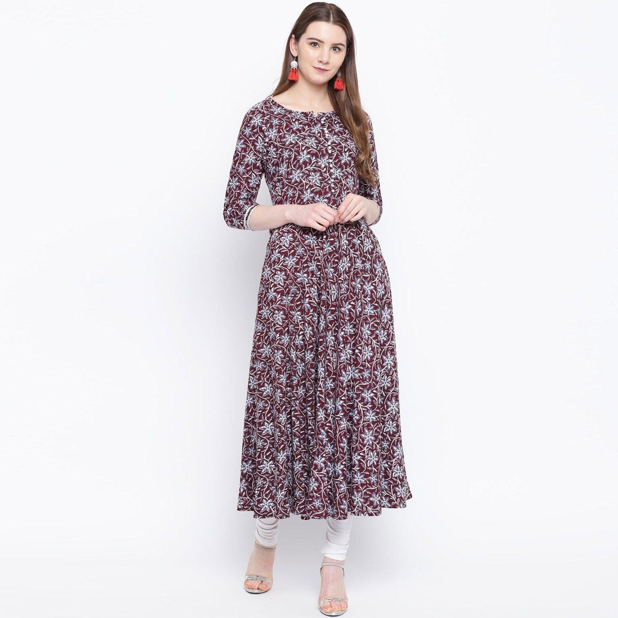 Adorable Maroon Colored Casual Wear Printed Rayon Long Kurti - Peachmode