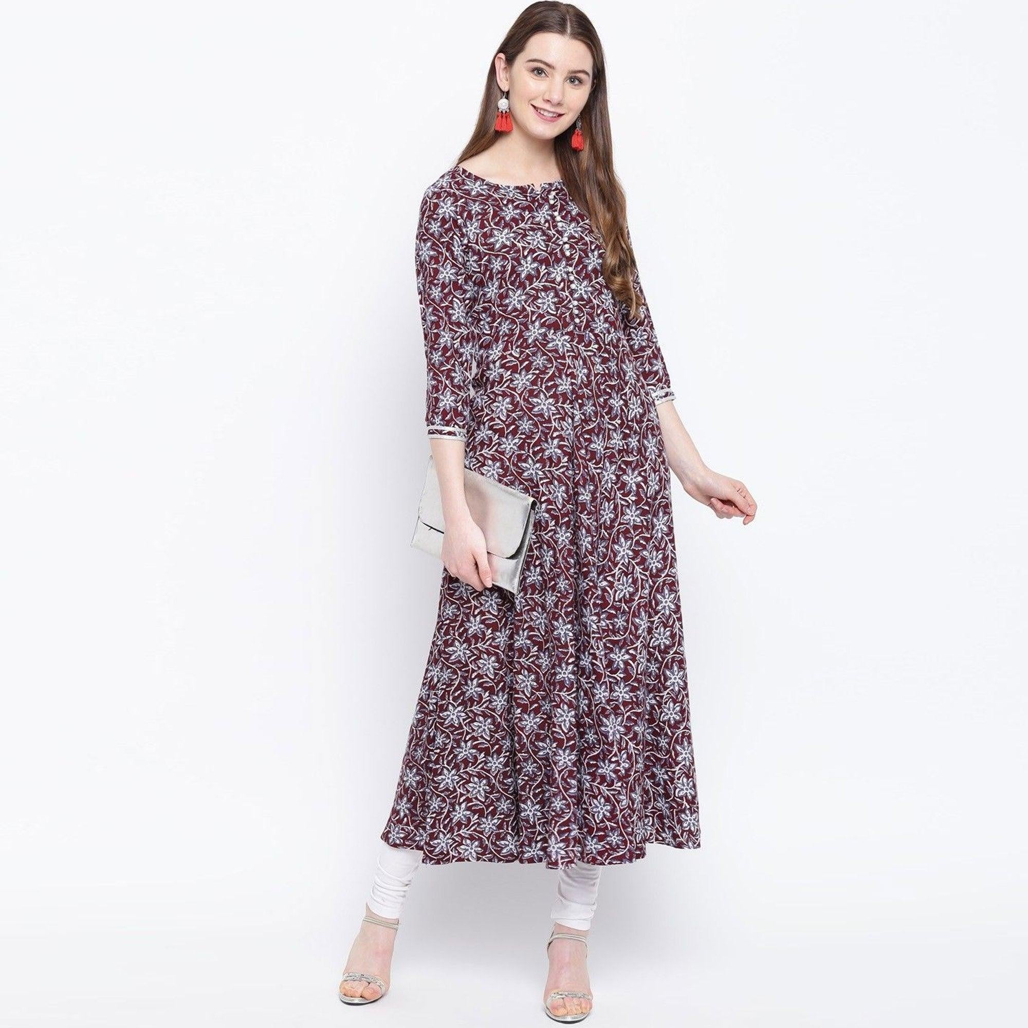 Adorable Maroon Colored Casual Wear Printed Rayon Long Kurti - Peachmode