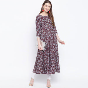 Adorable Maroon Colored Casual Wear Printed Rayon Long Kurti - Peachmode