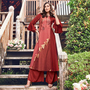 Adorable Maroon Colored Party Wear Printed Modal-Jacquard Long Kurti - Peachmode
