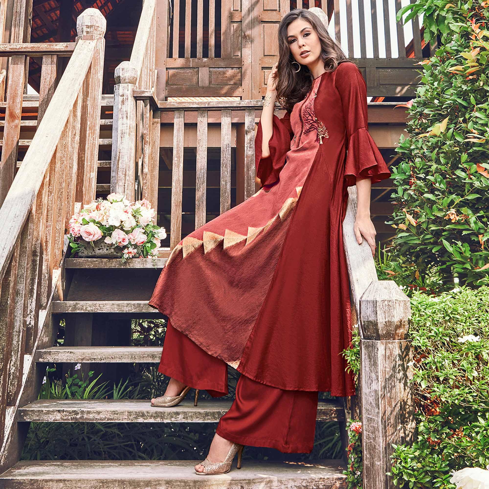 Adorable Maroon Colored Party Wear Printed Modal-Jacquard Long Kurti - Peachmode