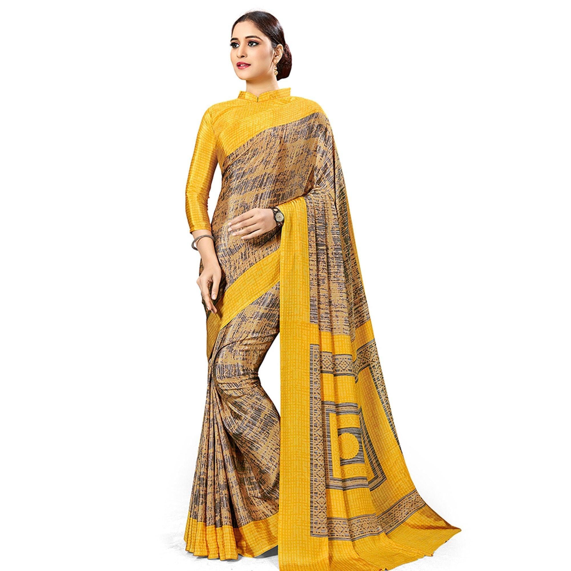 Adorable Mustard Yellow Colored Casual Wear Printed Crepe Saree - Peachmode