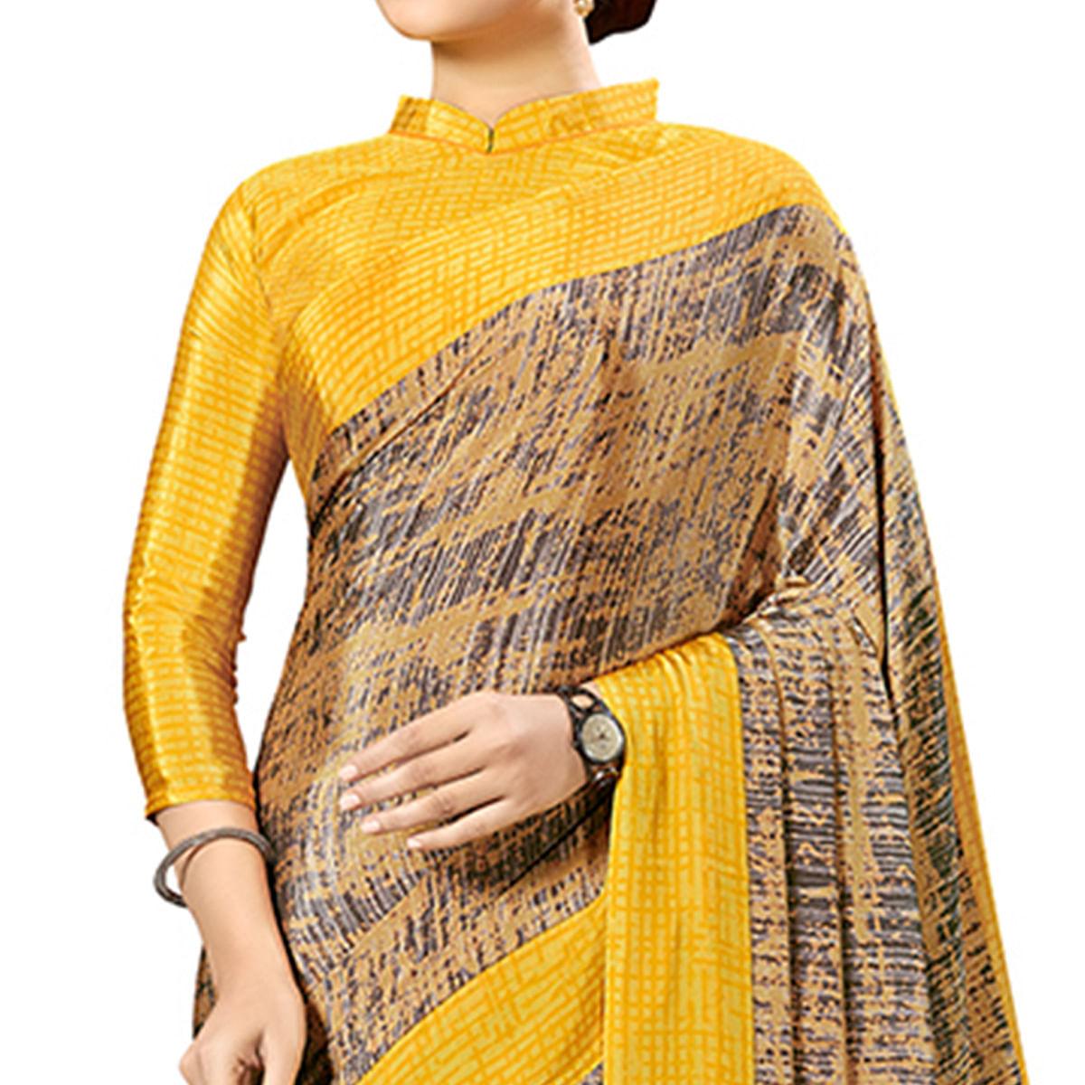 Adorable Mustard Yellow Colored Casual Wear Printed Crepe Saree - Peachmode